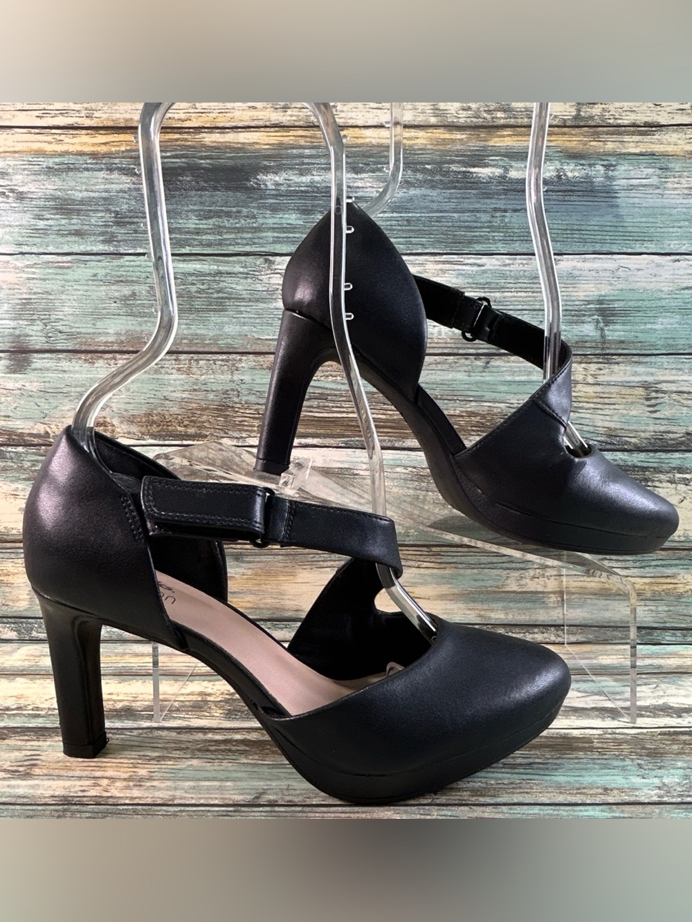Clarks Ambry Glow Mary Jane Pumps Womens 6.5 Black Leather Adjustable Dress Shoe
